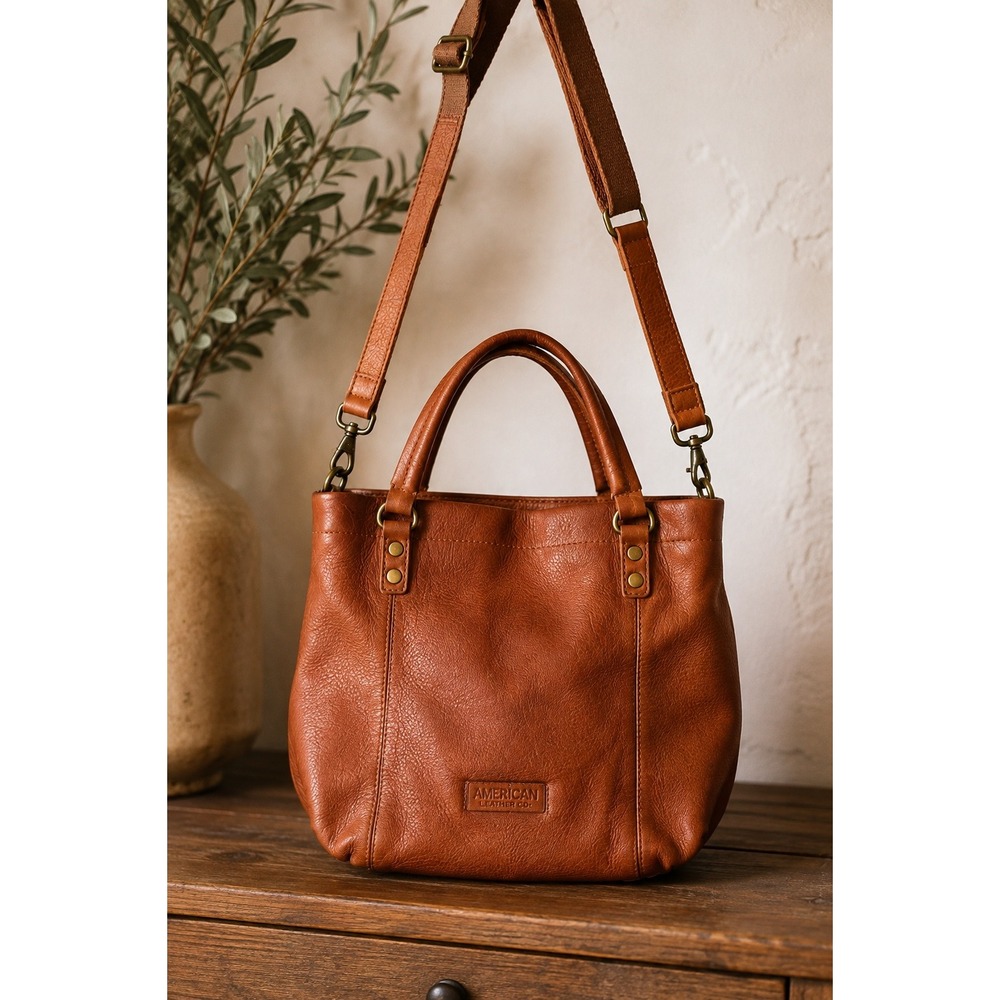 American Leather Co Cognac Brown Soft Pebbled Leather Crossbody Tote Bag